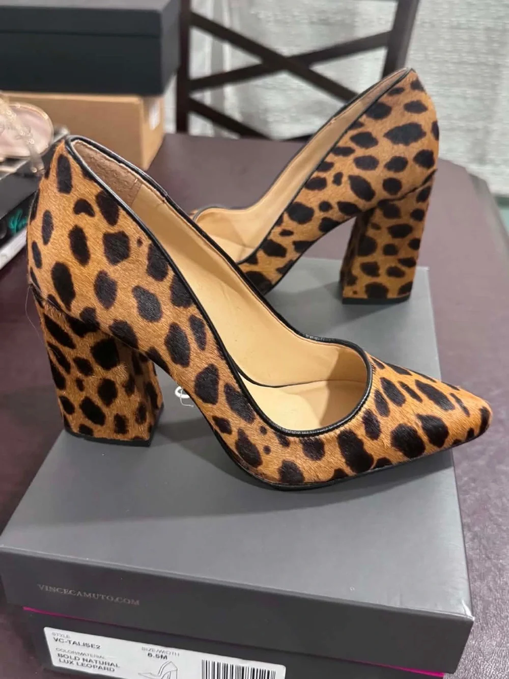 Vince Camuto Leopard-Print Block Heel Pumps in Tan and Black
